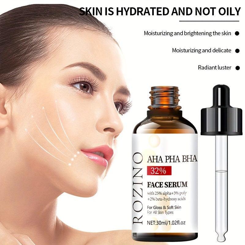 ROZINO 30ml Yuz Serumi AHA 32% + BHA 3% - Chuqur namlanish, chiziqlar va teshiklarni silliqlaydi, hid qo'shilmagan, gippoallergen. Barcha teri turlari, shu jumladan sezgir teri uchun mos.