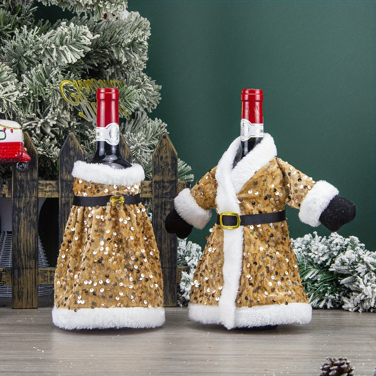 Set of 2 Festive Christmas Wine Bottle Covers with Sequined Attire Plush Hats Leak-Proof Sweater