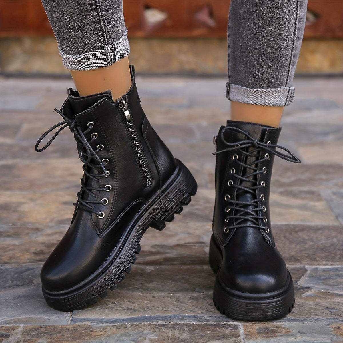 Women's Black Synthetic Leather Classic Boots with Neat Laces