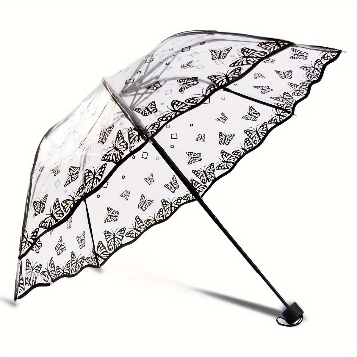 Transparent PVC Tri-Fold Butterfly Rose Umbrella with Arched Handle
