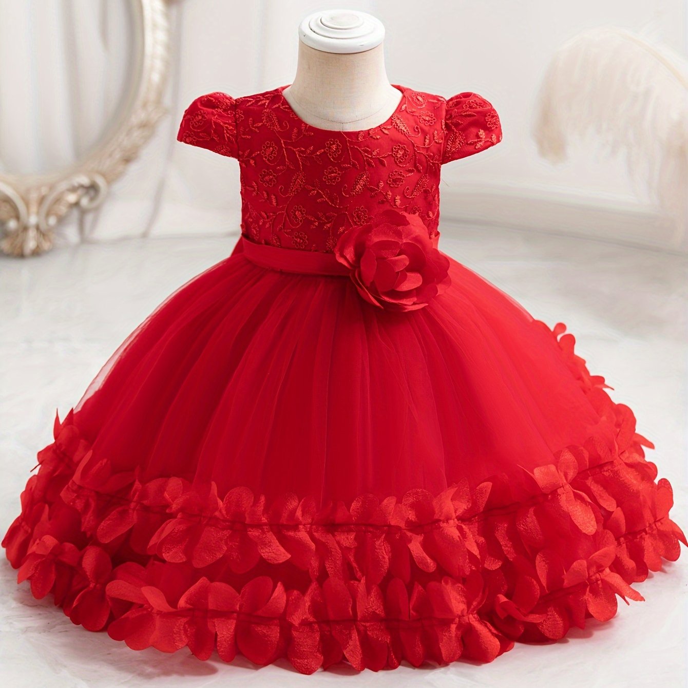 Vestido de princesa con malla para niñas pequeñas, con capucha de flores y mangas cortas para eventos formales