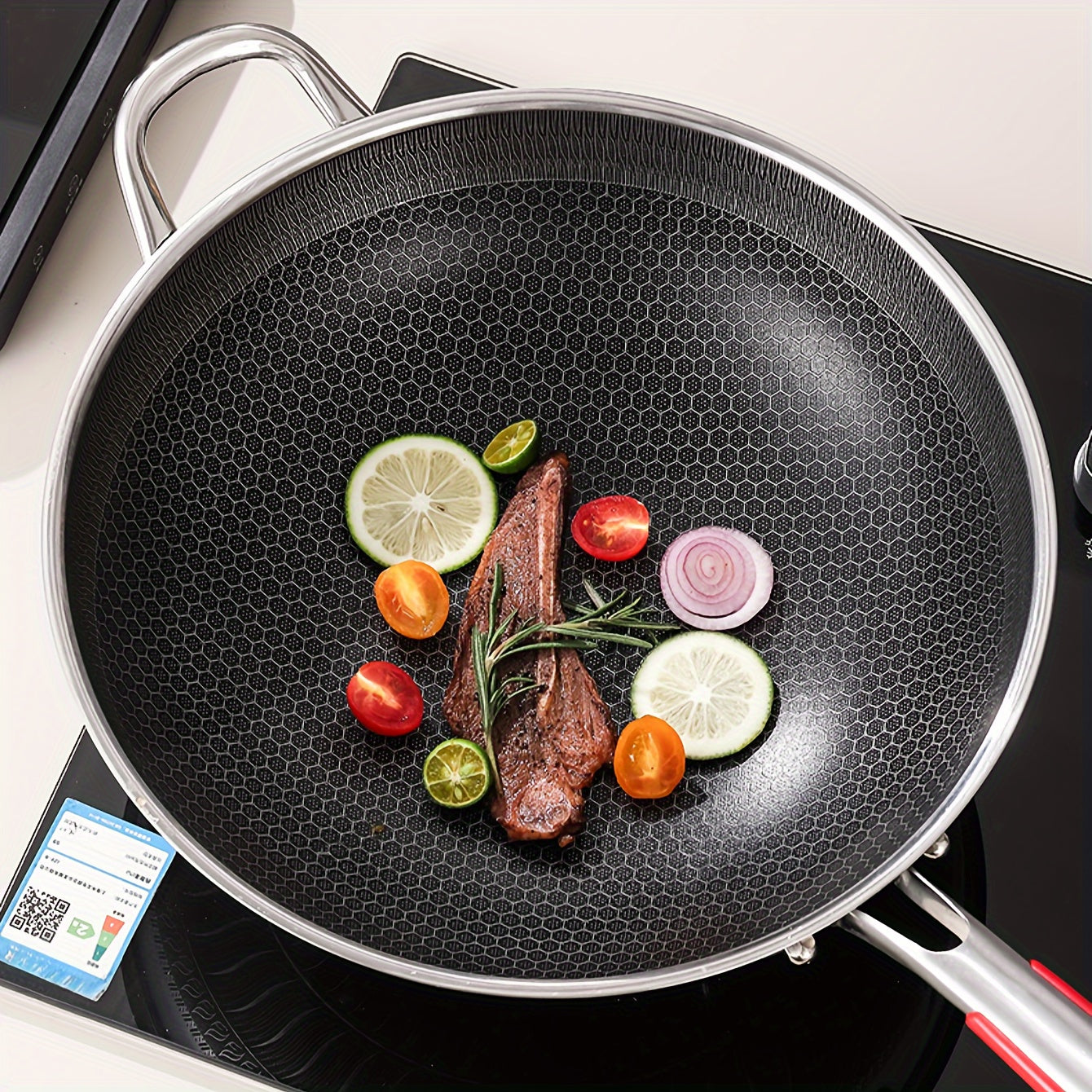 Stainless Steel Frying Pan 32cm 34cm Non-Stick Honeycomb Wok Induction Gas Stove