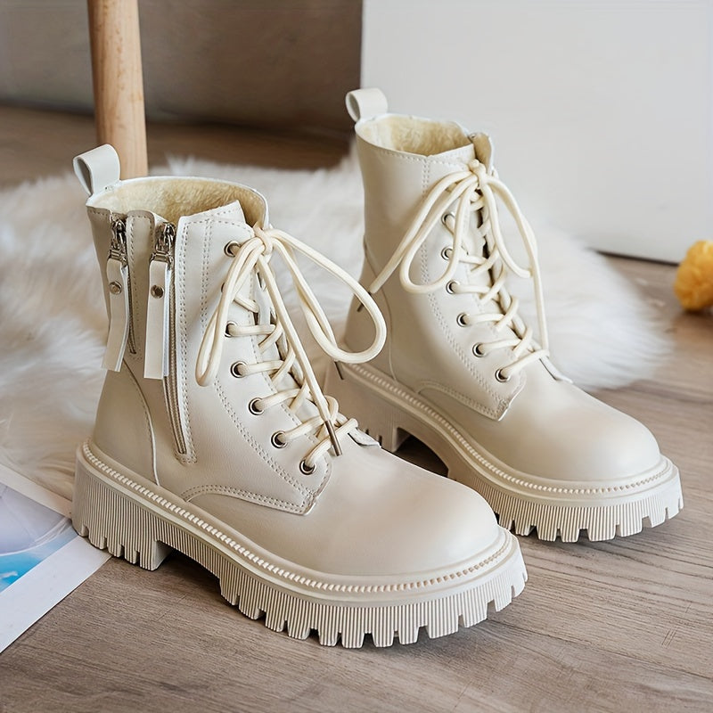Women's Fleece-Lined Winter Boots Casual Lace-Up Mid-Calf Solid Color