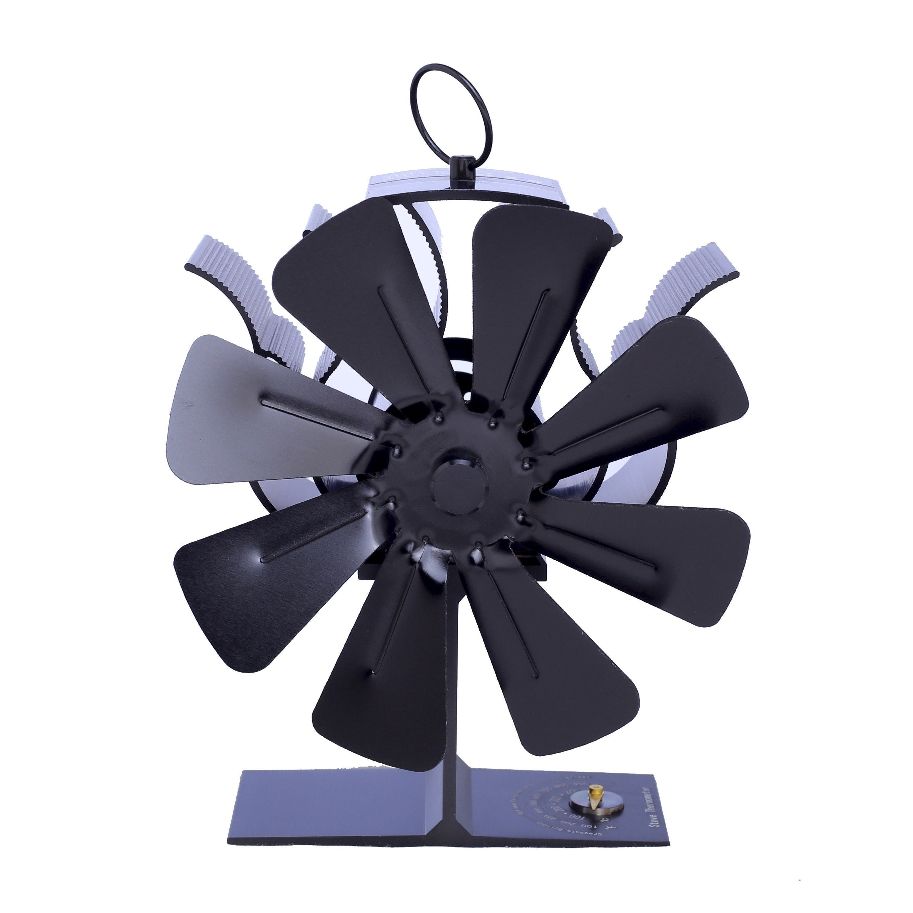 High-Efficiency 8-Blade Fireplace Fan with Built-In Thermometer Black for Wood Stoves