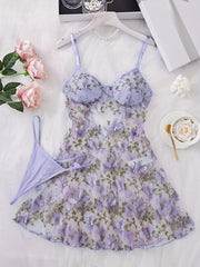 Women's Mesh Lingerie Set with Embroidered Butterfly Details Sheer V-Neck Slip Dress and Thong