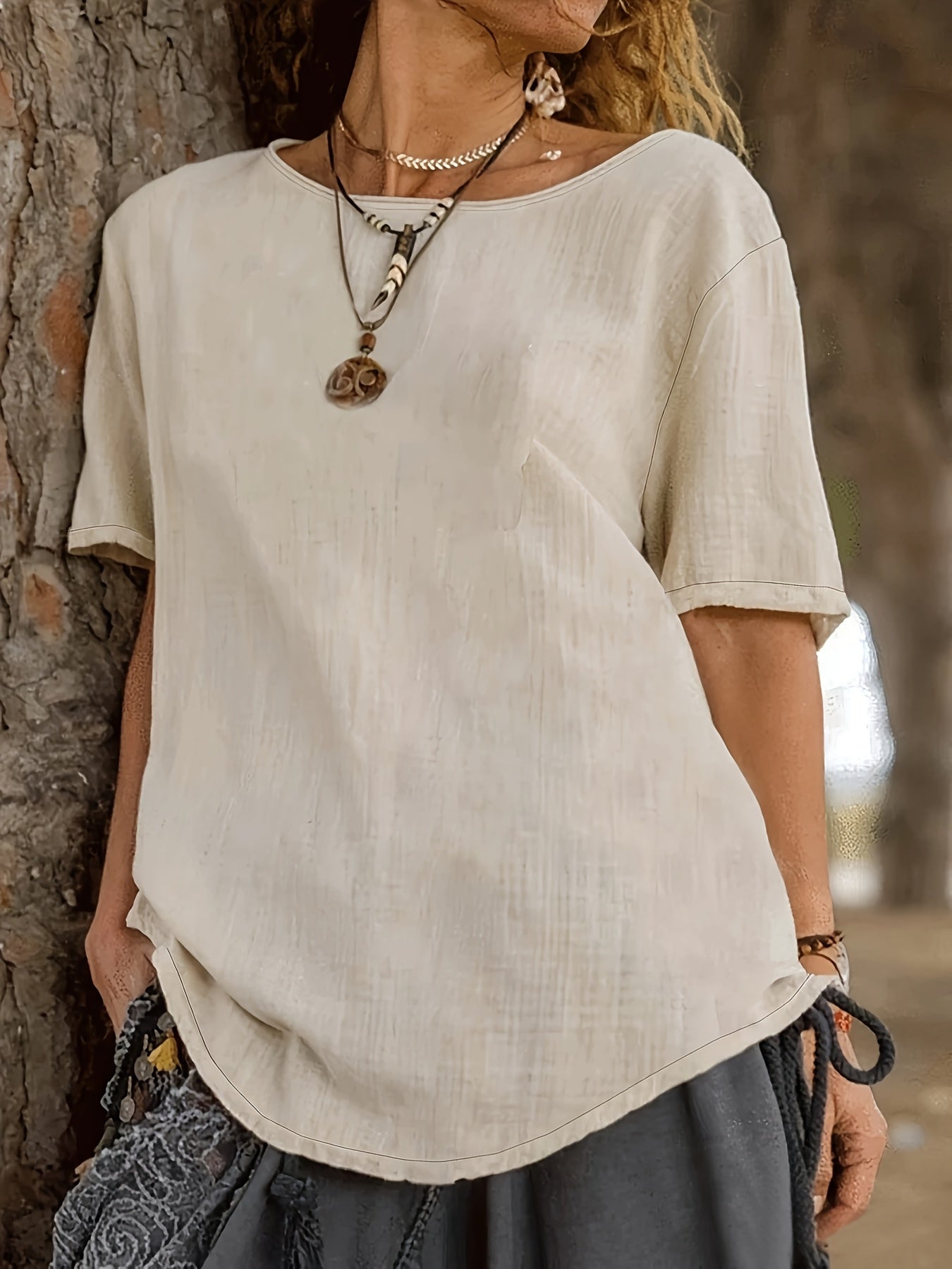 Plus Size Women's Cotton Short Sleeve Blouse Solid Color All-Season Casual Top