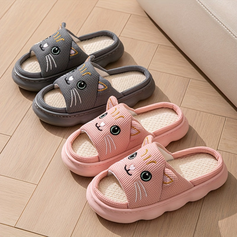 Women's Open-Toe Slippers Comfortable Cartoon Kittens Non-Slip Indoor Shoes