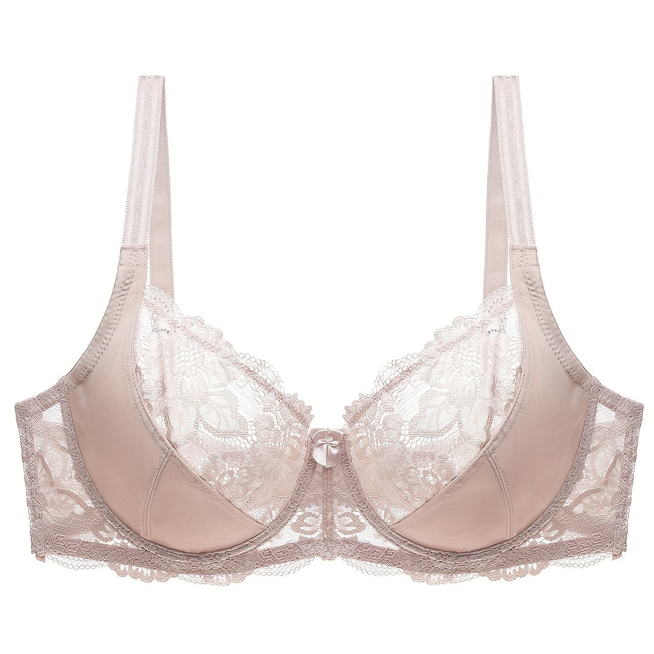 Plus Size Elegant Underwired Non-Padded Bra with Bow and Contrast Lace