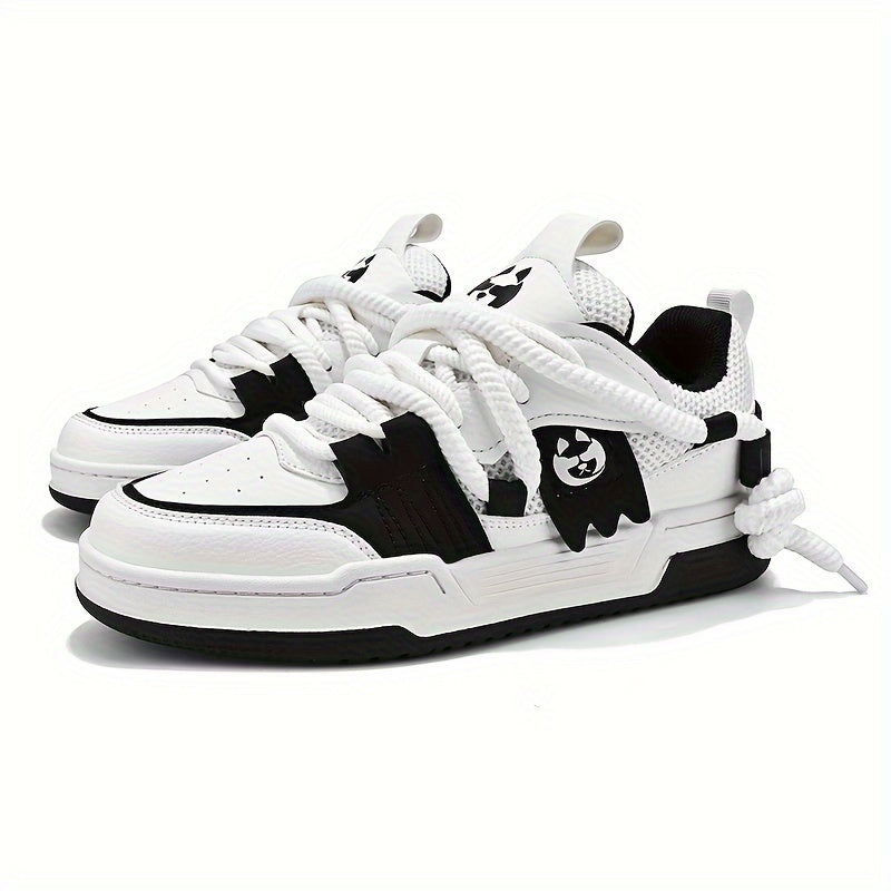 Men's All-Season Casual Sneakers with Solid Color and Cartoon Pattern Breathable Faux Upper Low Top Lace-Up Rubber Sole