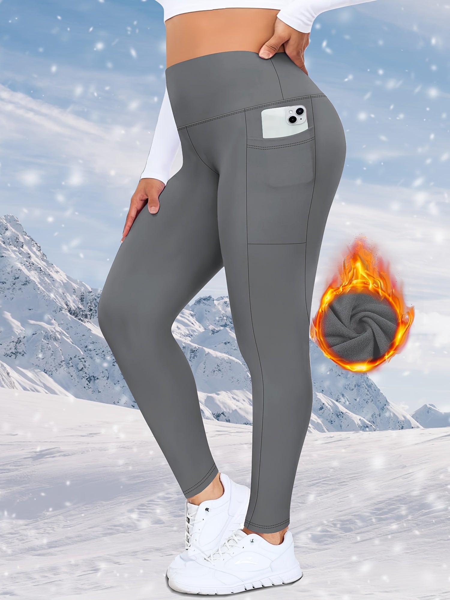 Women's Plus Size High Waist Fleece Yoga Pants with Pockets and Temperature Sensing