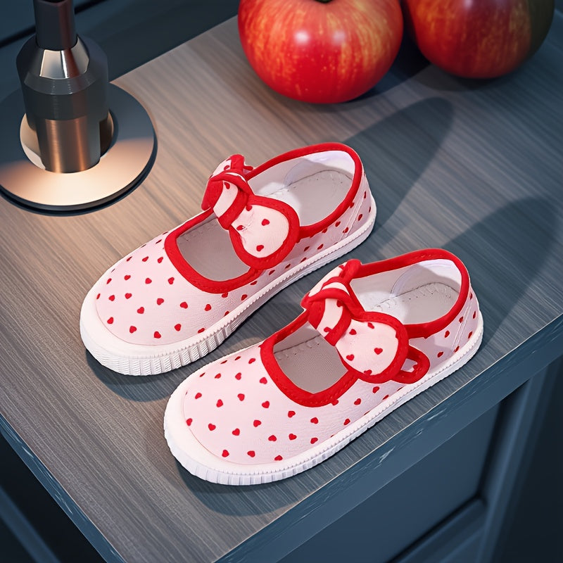 Girls Canvas Sneakers Low Top Heart Pattern Casual Shoes for Spring Summer Autumn