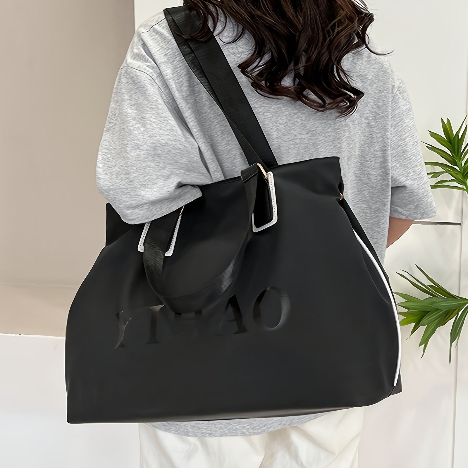 Large Black Nylon Tote Bag with White Accents for Women Travel and Daily Use