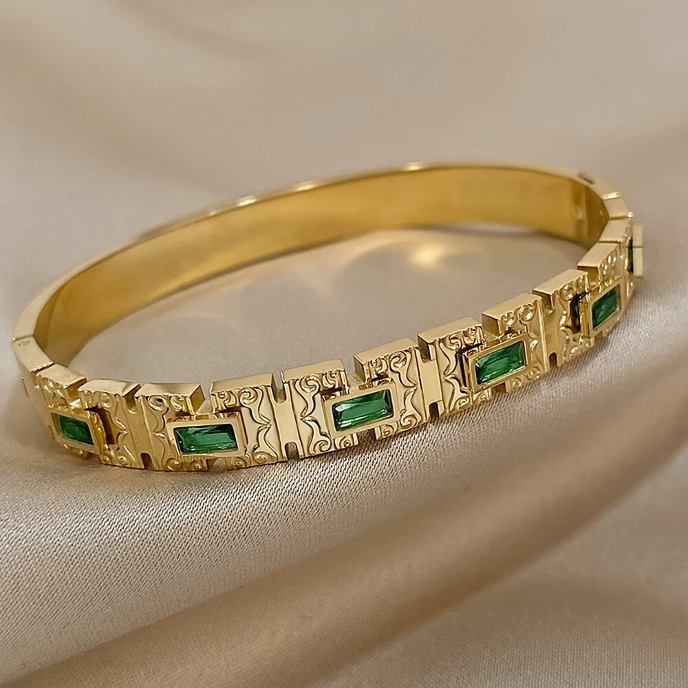 Women’s Gold Plated Titanium Bracelet with Synthetic Emerald Zirconia Elegant Vintage Bangle