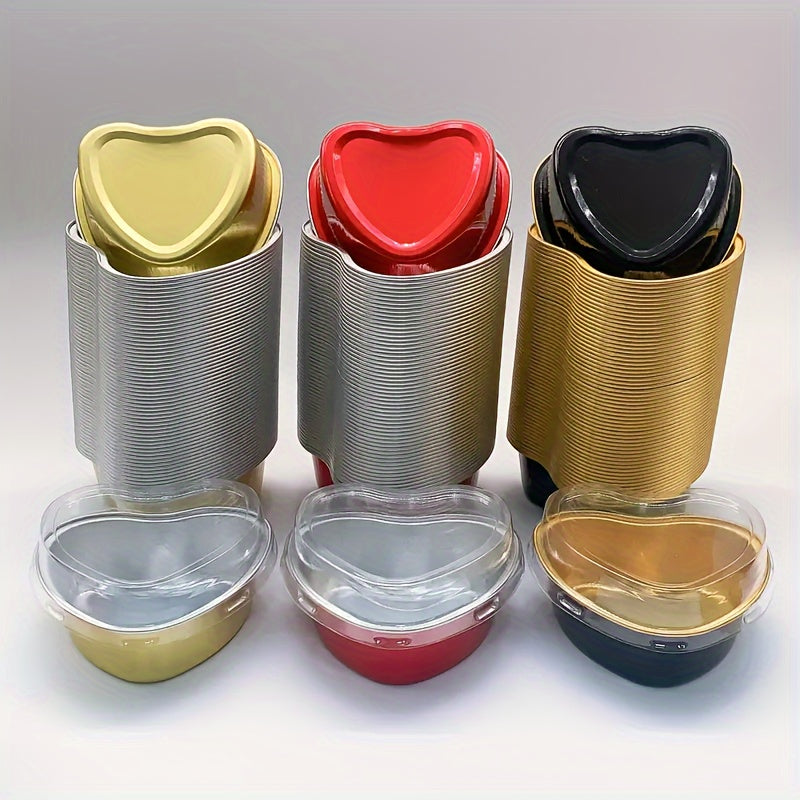 50 Heart-Shaped Aluminum Foil Cake Cups with Lids for Valentine's Day Weddings and Birthdays