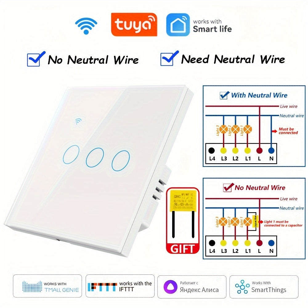 WiFi Smart Switch EU Plug No Neutral Wire Needed Voice Control Compatible with Alexa Google Home 1/2/3/4 Gang Tempered Glass Panel