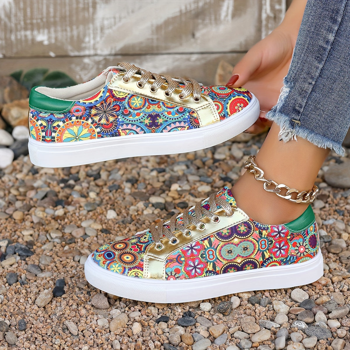 Plus Size Women's Fashion Sneakers Breathable Floral Print Low Tops