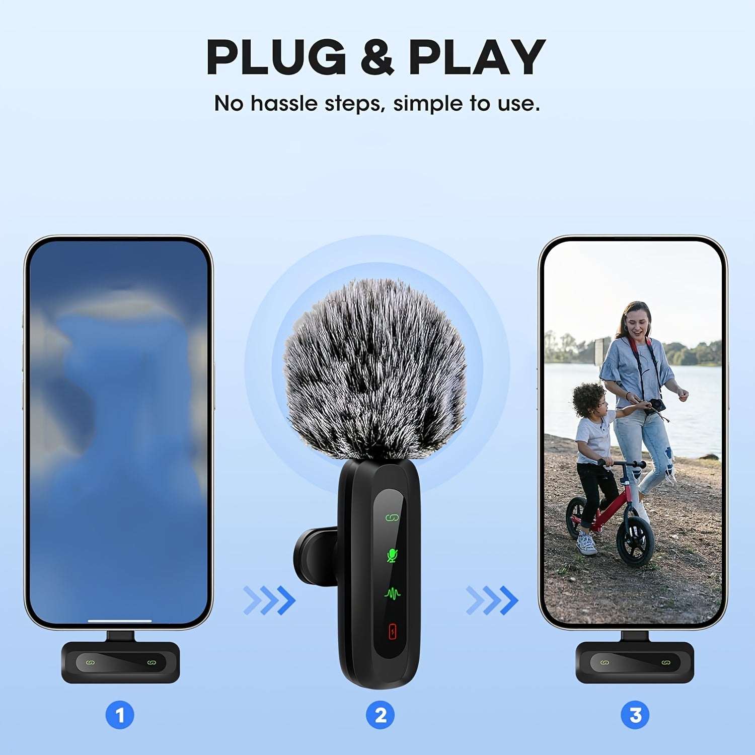 Wireless Clip-On Microphone with One-Click Recording USB-C Charging and Battery Indicator