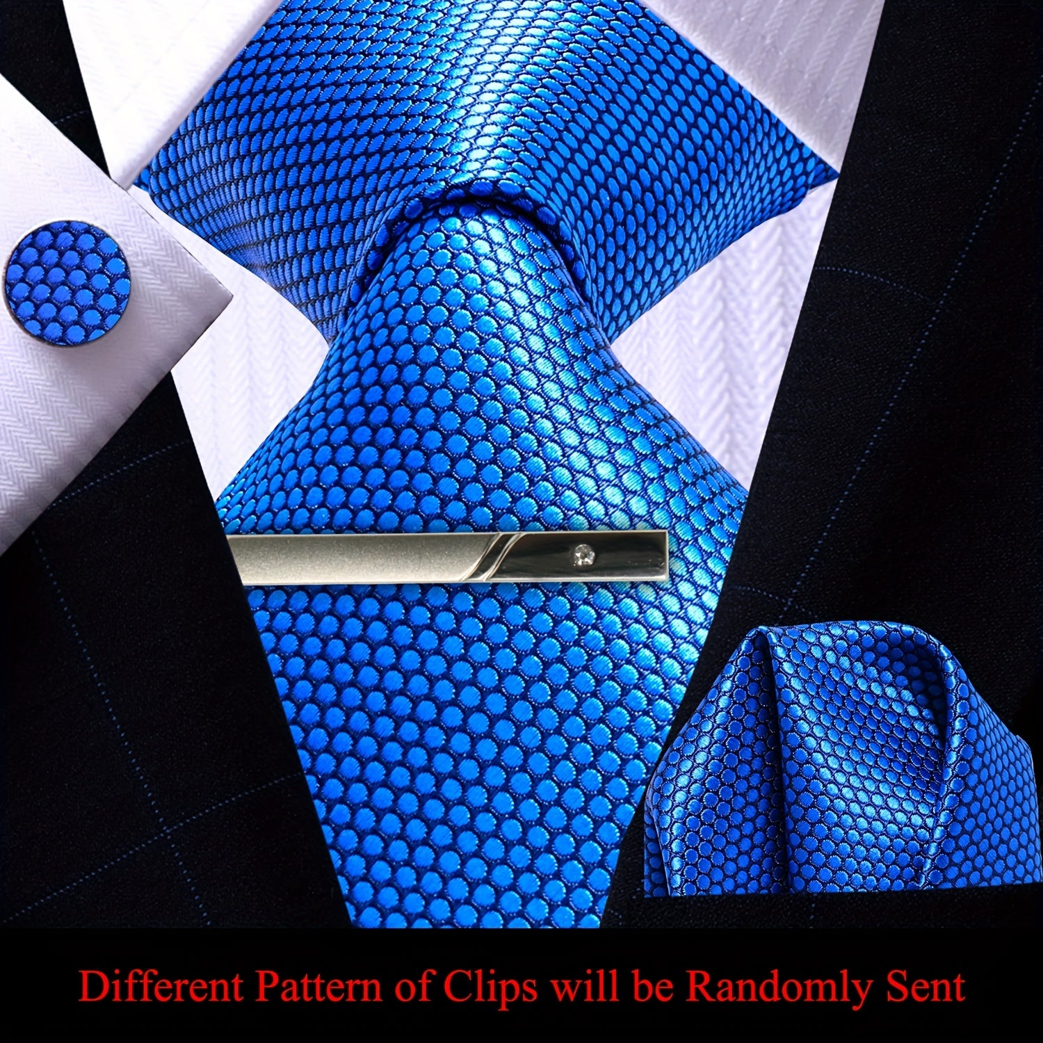 Men's Plaid Tie Pocket Square Cufflinks and Clip Set