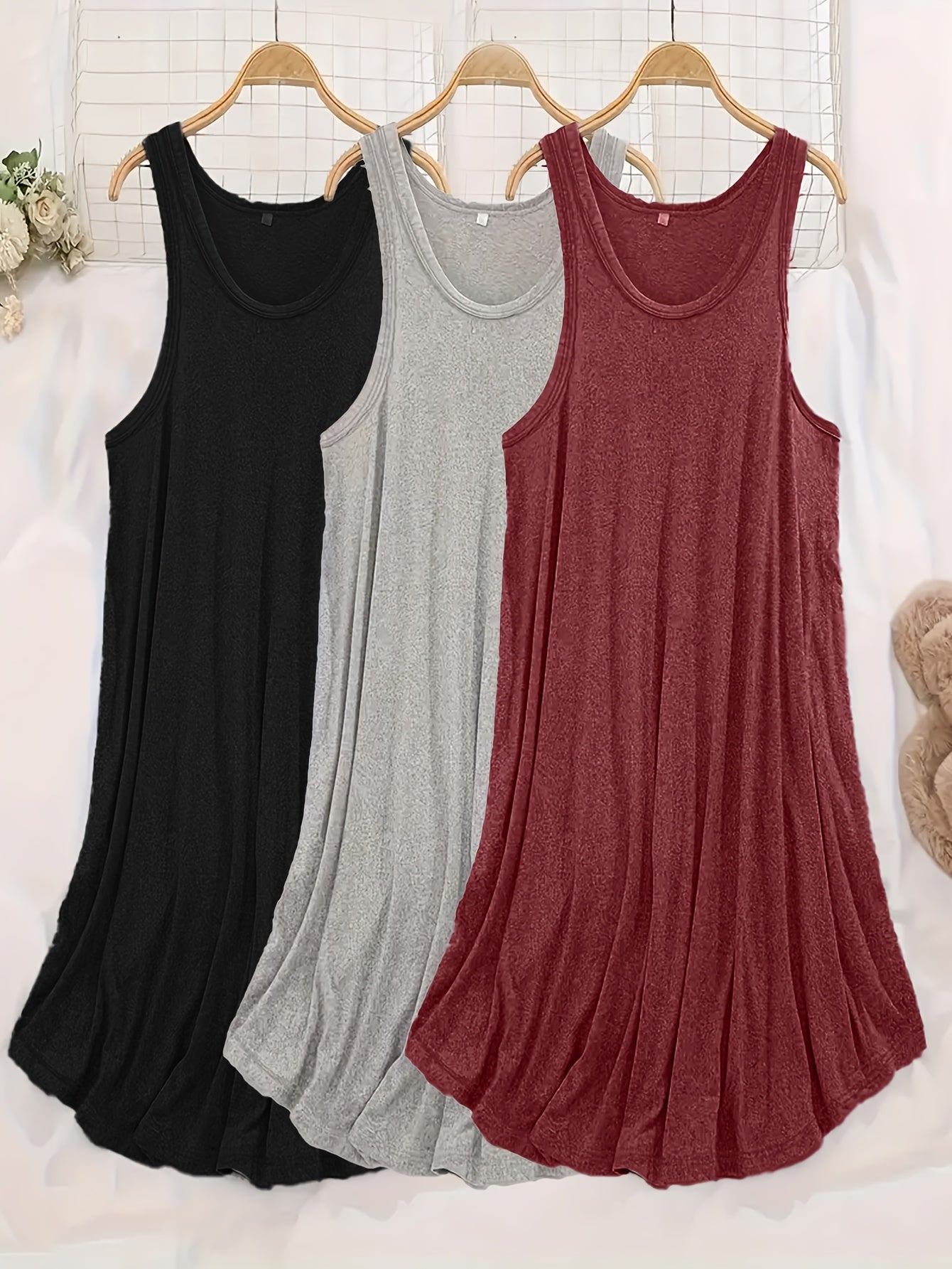 Women's Boho Style Sleeveless Tank Top Night Dresses 3-Pack Polyester Lounge Wear