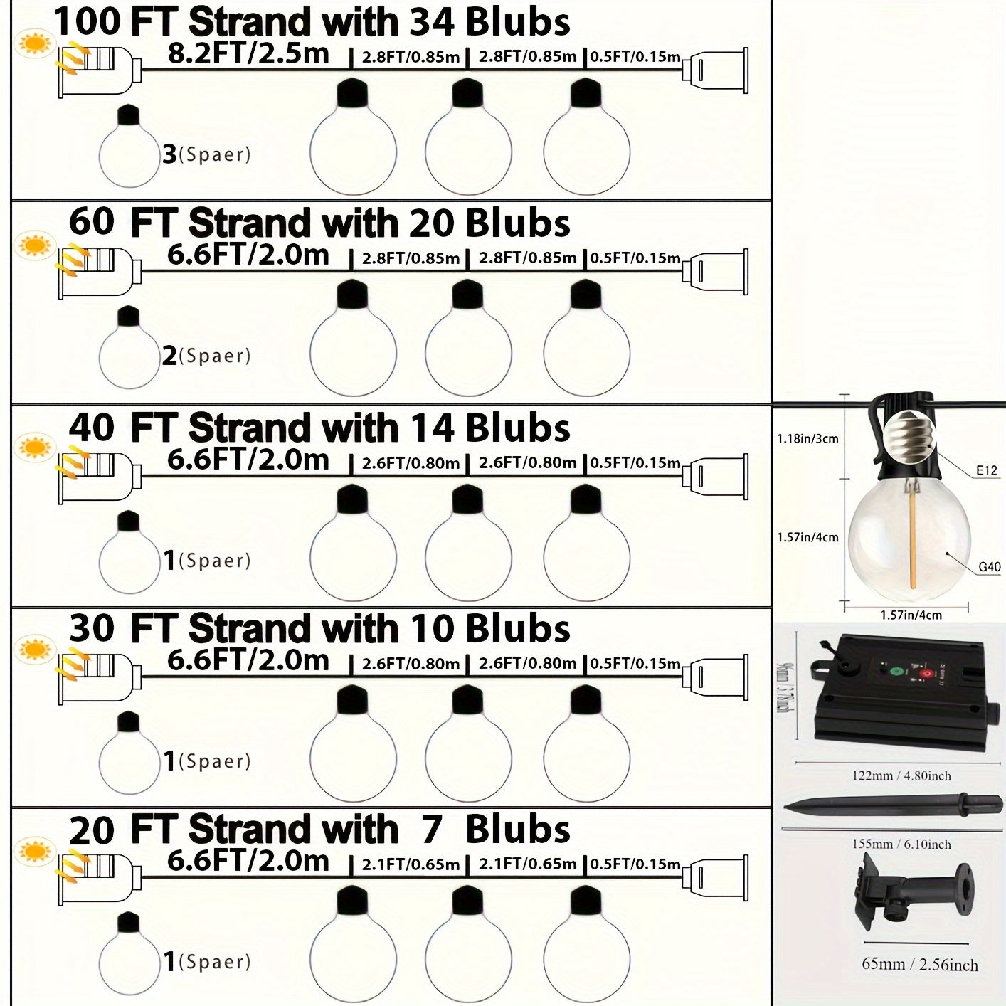 Solar G40 String Lights with Remote Control 8 Modes LED Shatterproof Dimmable Outdoor Waterproof