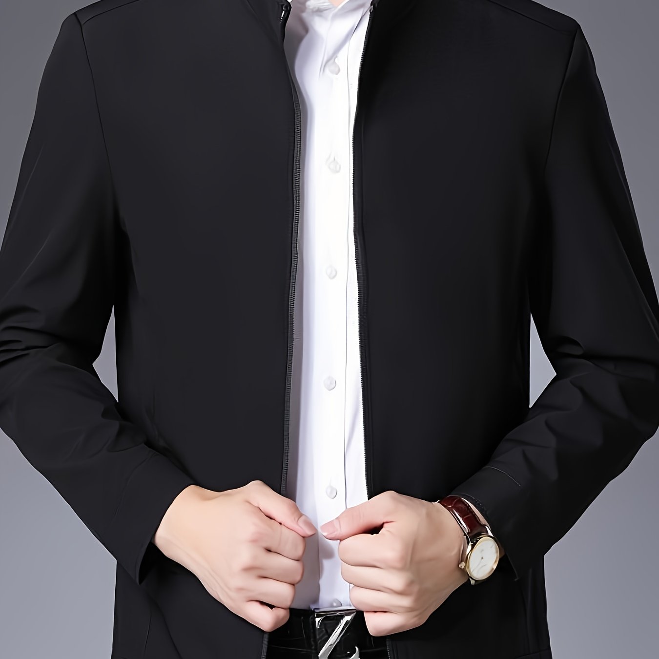 Men's Lightweight Business Casual Jacket Polyester Stand Collar Zip Up Pockets Spring Fall
