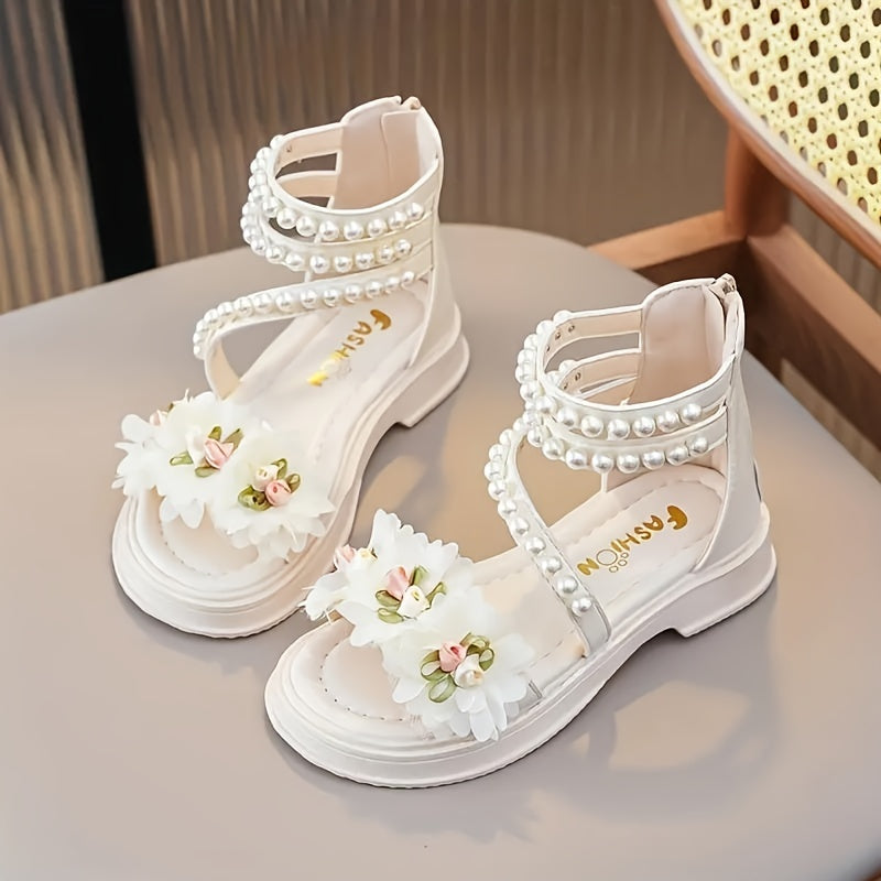 Baby Girl Sandals Open Toe Flowers Pearls Zipper Summer Casual