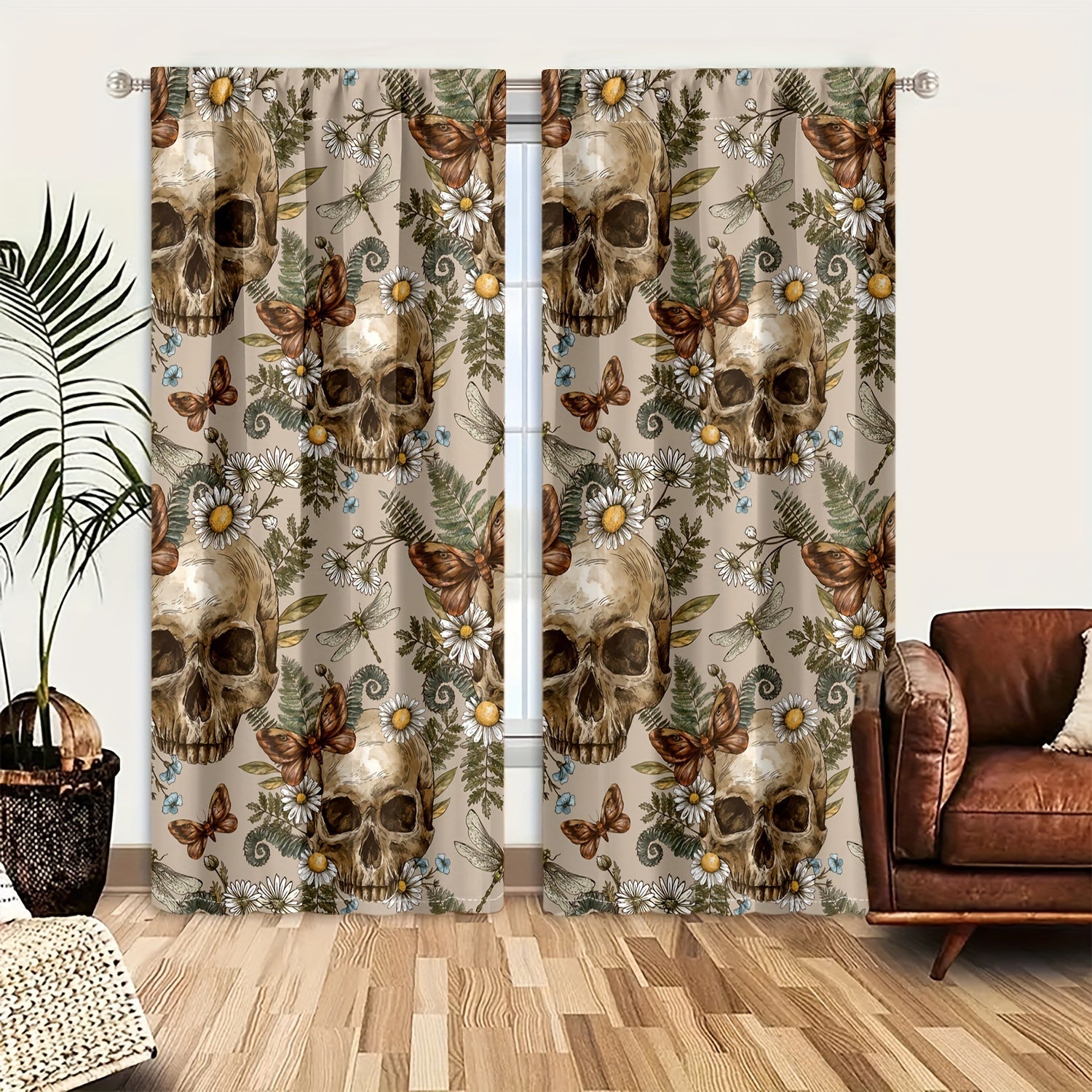 Semi-Transparent Halloween Skull and Butterfly Chrysanthemum Curtains Set of 2 Privacy Drapes for Living Room Bedroom
