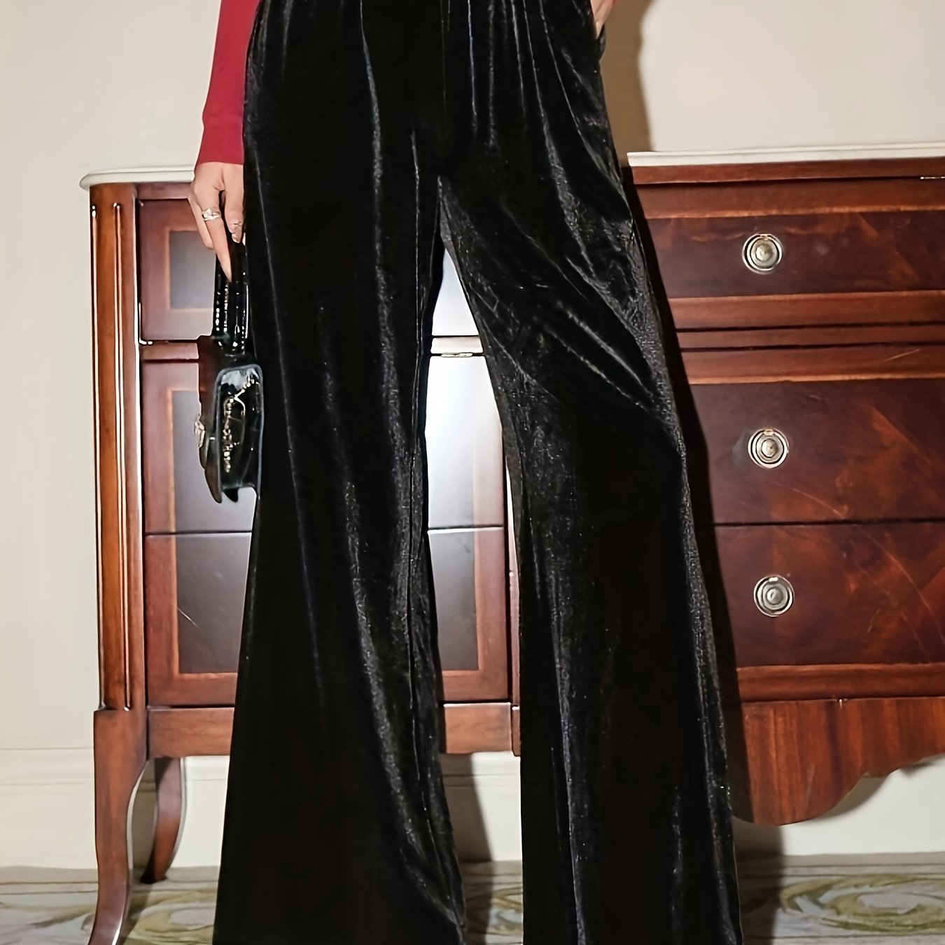 Plus Size Velvet Wide Leg Pants Elastic Waist Pockets Women's Clothing