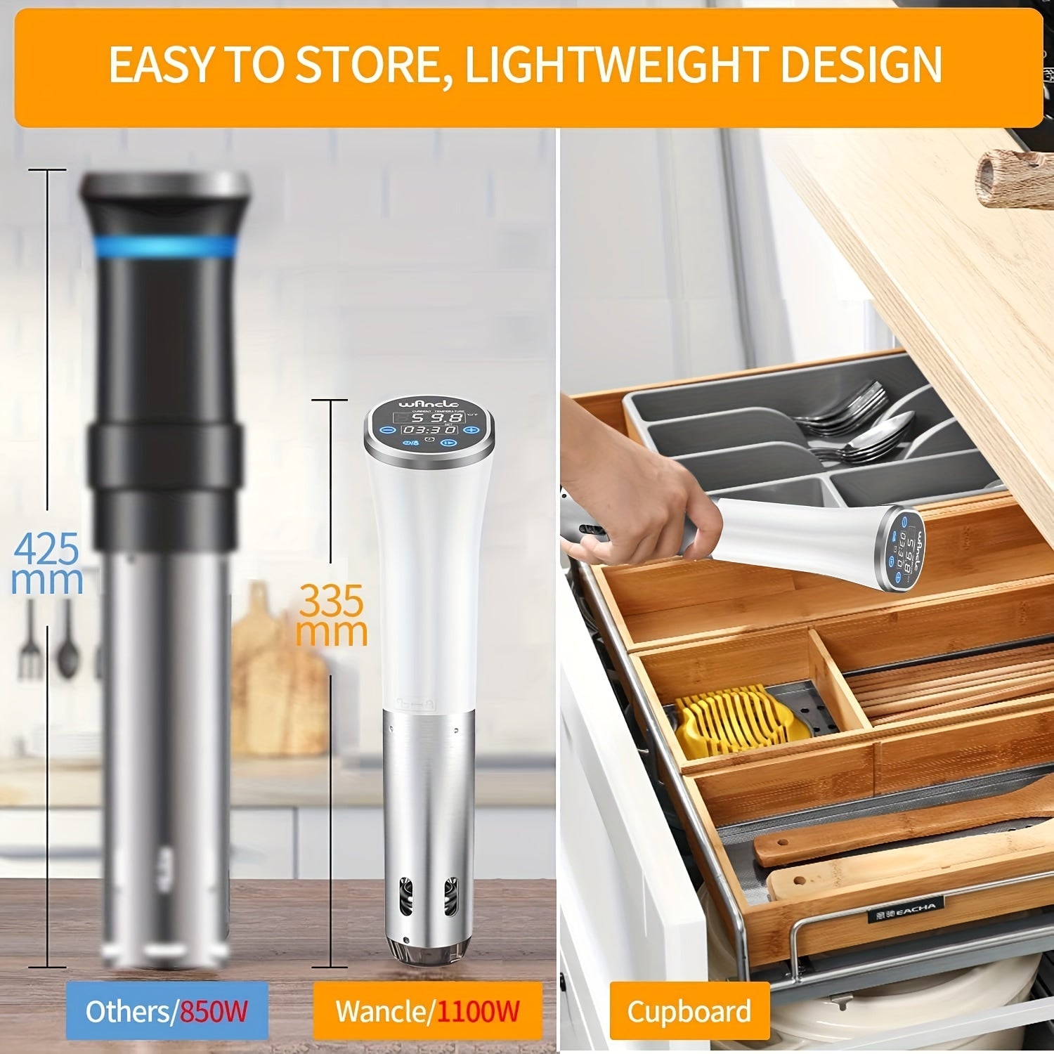 WANCLE 1100W Immersion Circulator aniq harorat nazorati, past shovqin, dasturlash imkoniyatlari va 1-10L sig'im bilan. Sekin pishirish va qahva tayyorlash uchun ideal. Zamonaviy zanglamaydigan po'latdan yasalgan