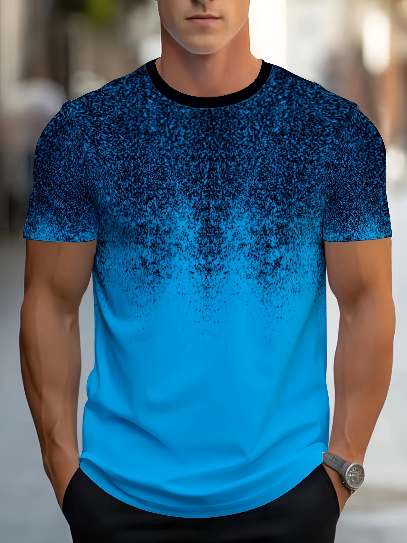 Мужская футболка большого размера с омбре-принтом, короткий рукав, круглый вырез, полиэстеровая смесь, лето, синий и черный