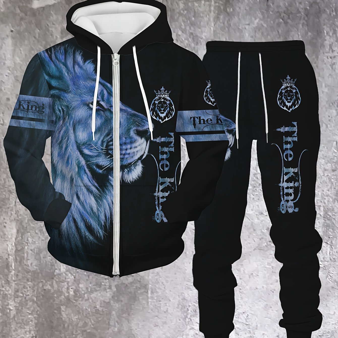 Men's Lion King Hoodie and Jogger Set Casual Polyester Loungewear with Lion Design