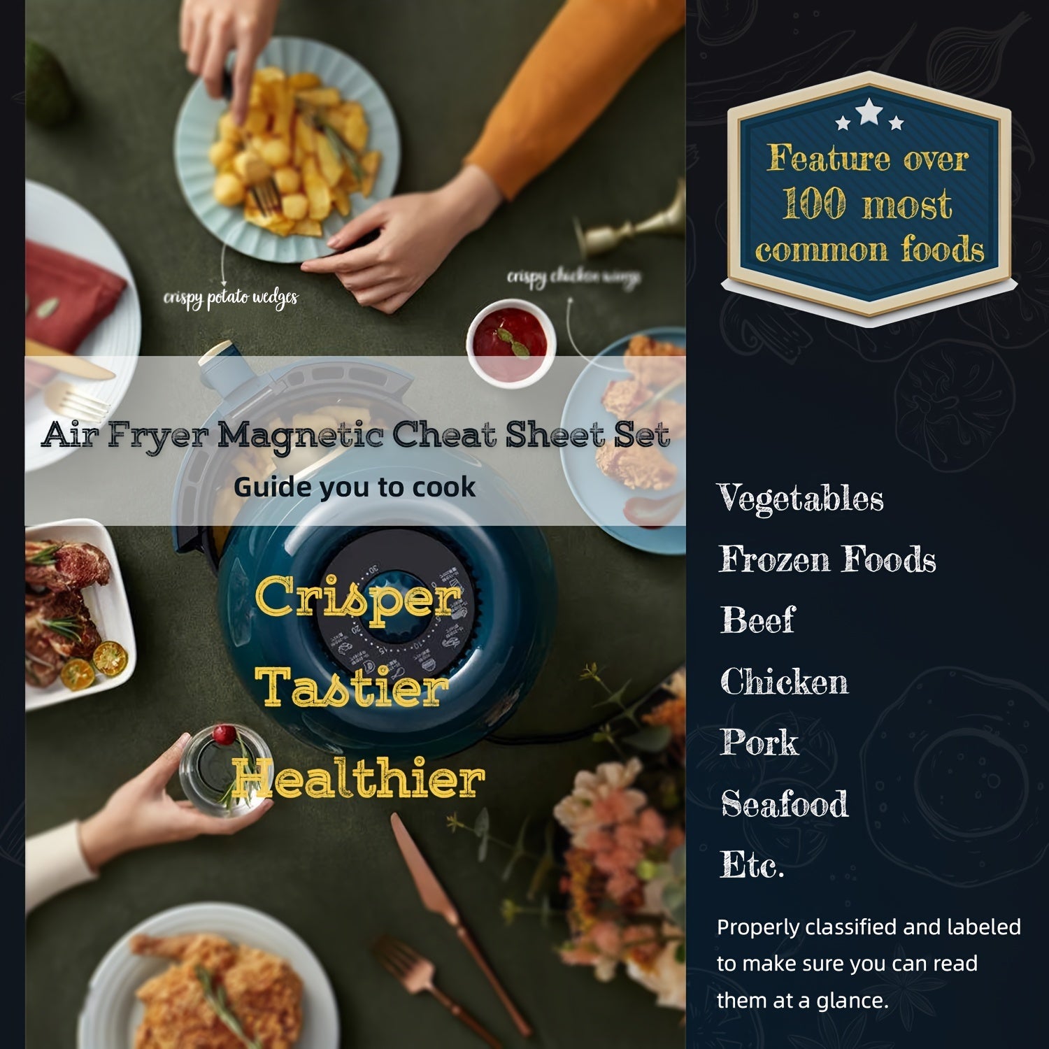 Juego de hoja de trucos para freidora de aire de 2 piezas Guía de tiempo de cocción en la cocina para verduras, carne, mariscos