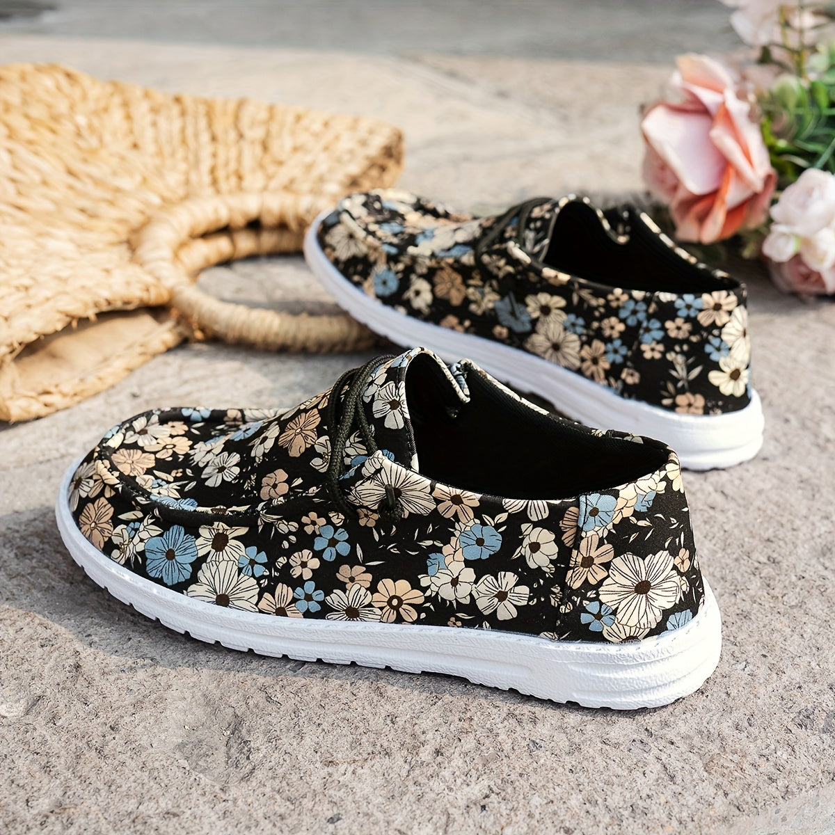 Women's Floral Print Loafers Slip-On Mules with Elastic Laces EVA Sole