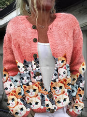 Plus Size Women's Lightweight Cat Print Cardigan Long Sleeve Pink Casual Fall Jacket