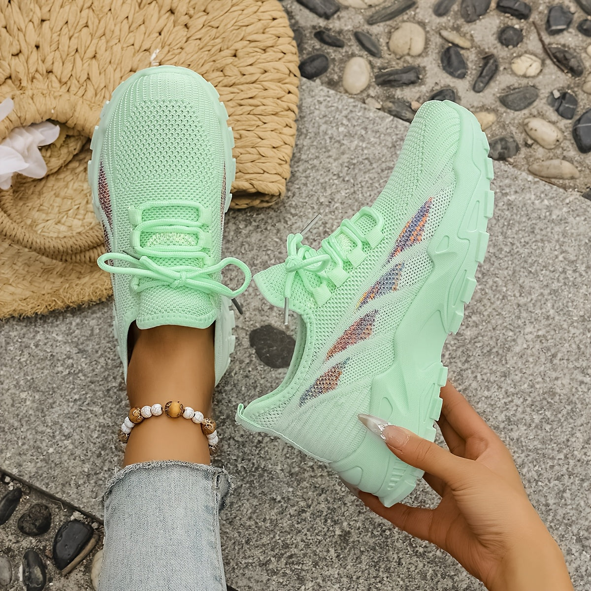 Women’s Breathable Knit Sneaker Casual Low-Top Walking Shoe with Round Toe