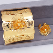 Middle Eastern Bridal Jewelry Set with Hollow Flower Bracelet and Ring for Wedding and Women
