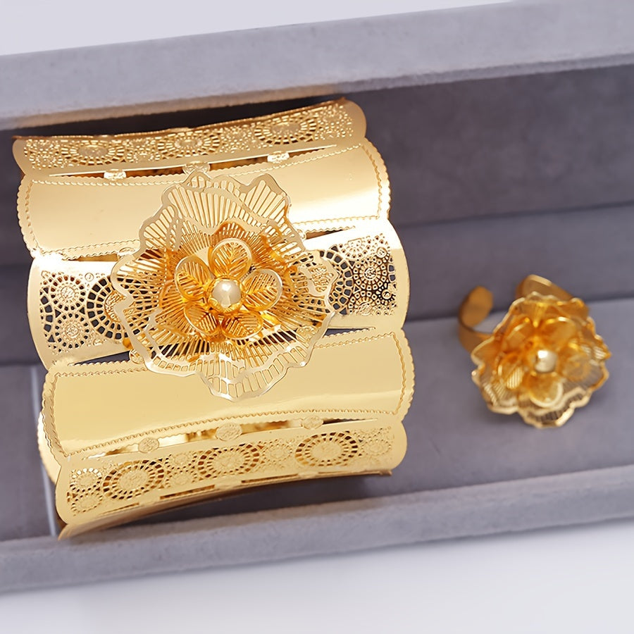 Middle Eastern Bridal Jewelry Set with Hollow Flower Bracelet and Ring for Wedding and Women