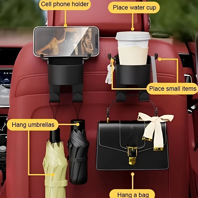 2-Pack Car Seat Headrest Hooks with Built-In Cup Holders Durable PP