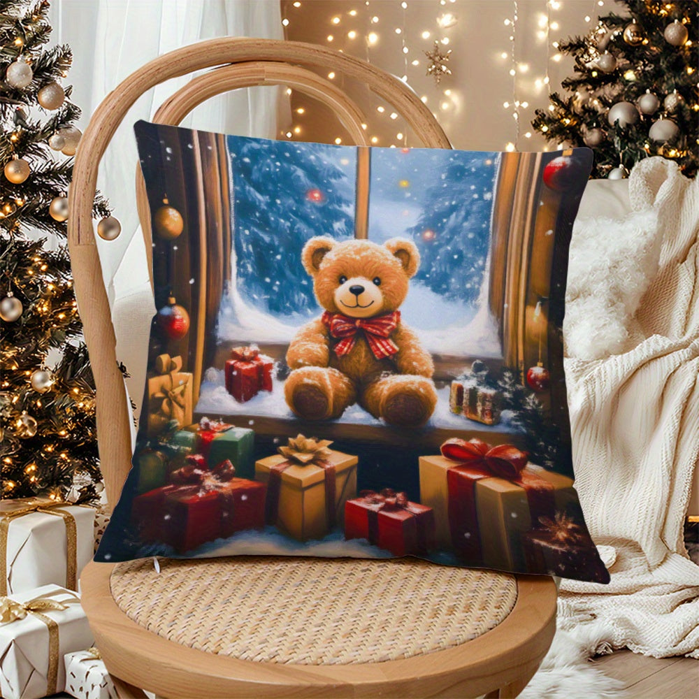 Christmas Teddy Bear Pillow Cover 45.72x45.72 cm Soft Knit Fabric Decorative Cushion Case