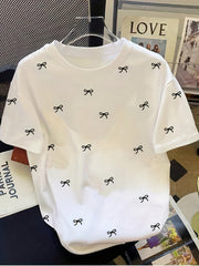 Plus Size Women's White T-Shirt with Black Ribbon Print Casual Crew Neck