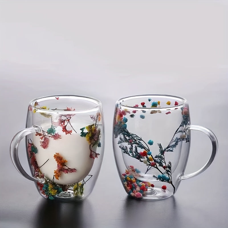 Double-Walled Glass Mug 11.83oz with Dried Flowers for Coffee Tea Juice