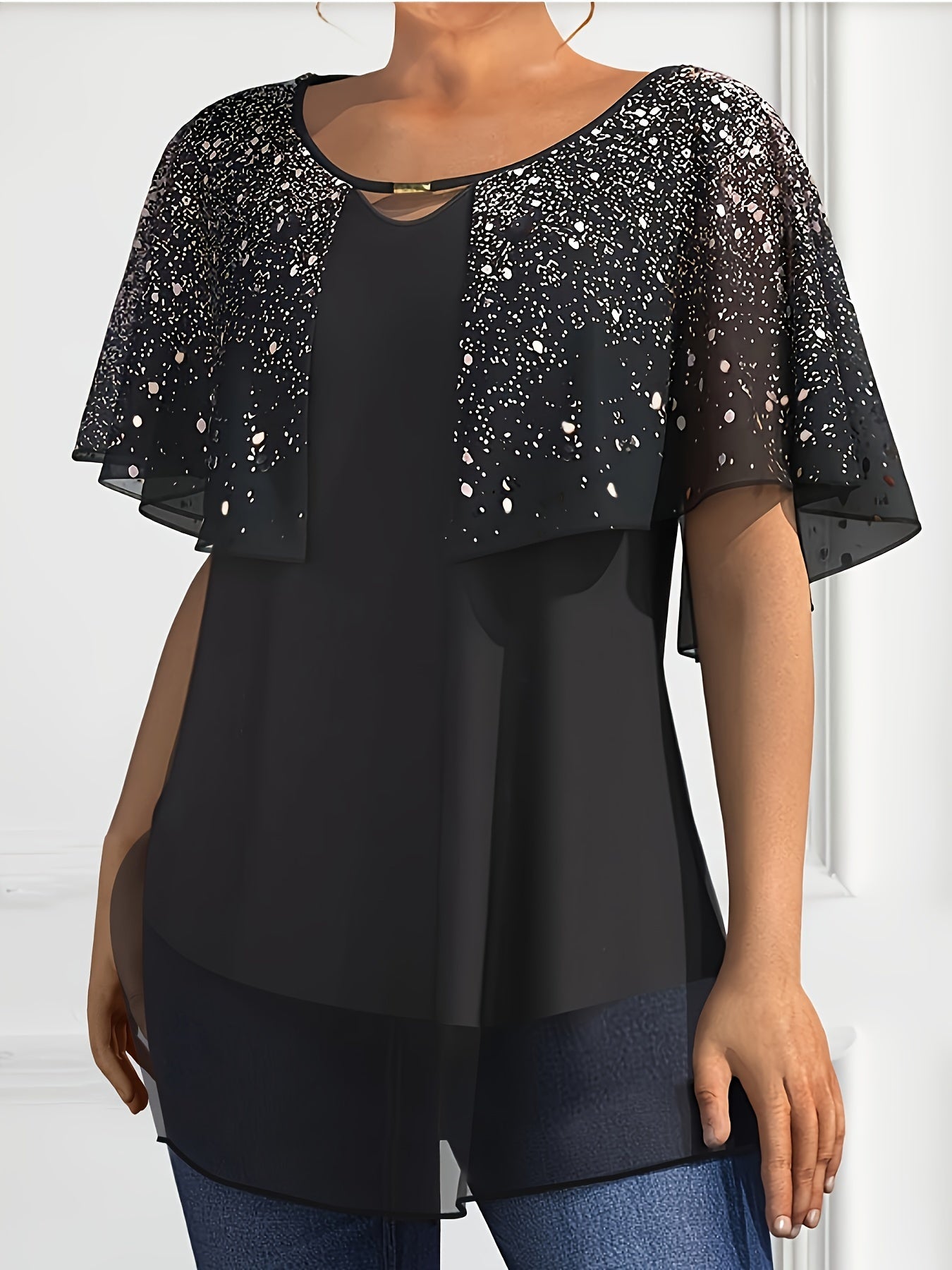 Plus Size Women's Chiffon Cardigan Black Starry Sky Pattern Lightweight Layering
