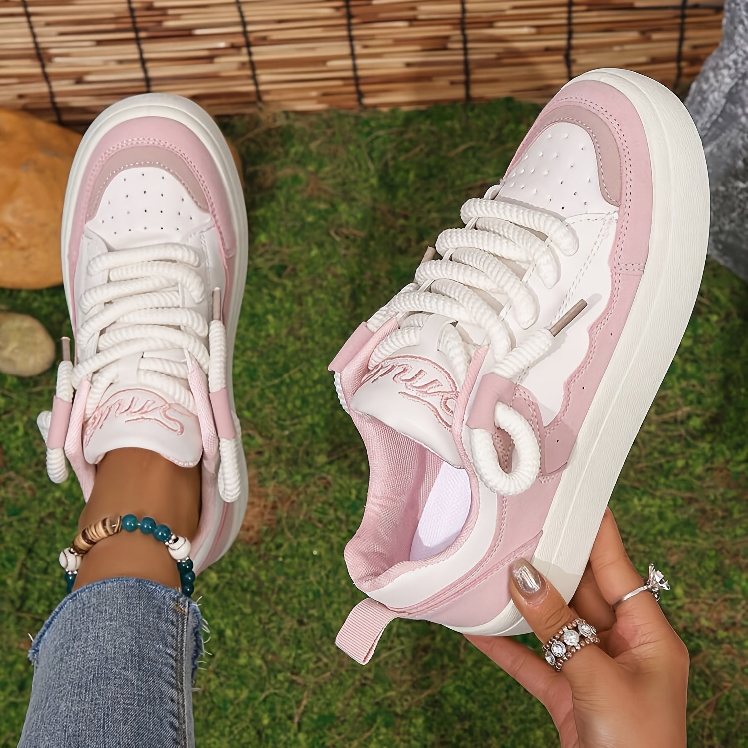 Zapatillas transpirables de malla para mujer blancas y rosas, calzado casual de caña baja