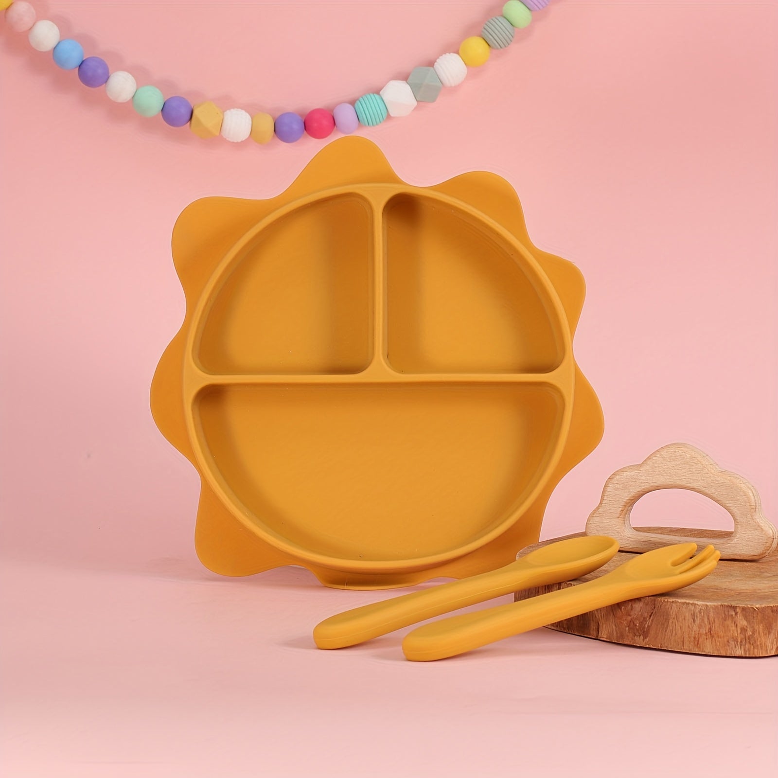 Baby Food Plate Silicone Divided Dinner Plate for Kids Vibrant Sun Cartoon Design