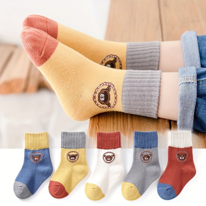 Unisex Bear Pattern Crew Socks for Girls Kids Fall Winter Breathable Thermal 5 Pairs