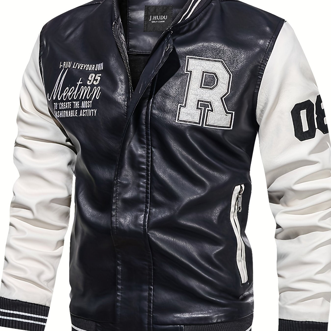 Plus Size Oversized PU Baseball Jacket for Men with Letter R Print Spring Autumn