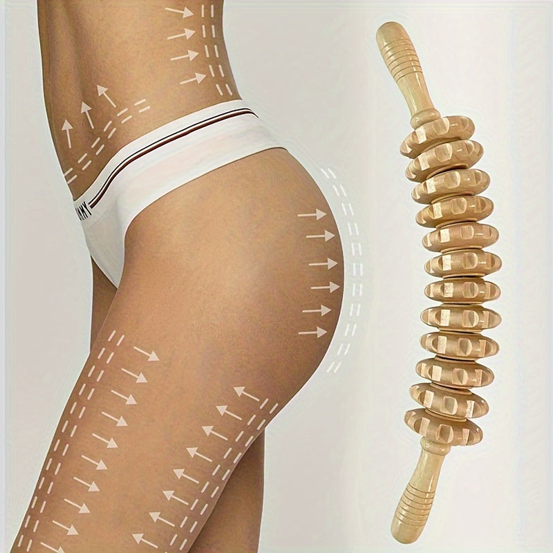 Wooden Handheld Massage Roller with 12 Curved Rollers for Muscle Tension Relief