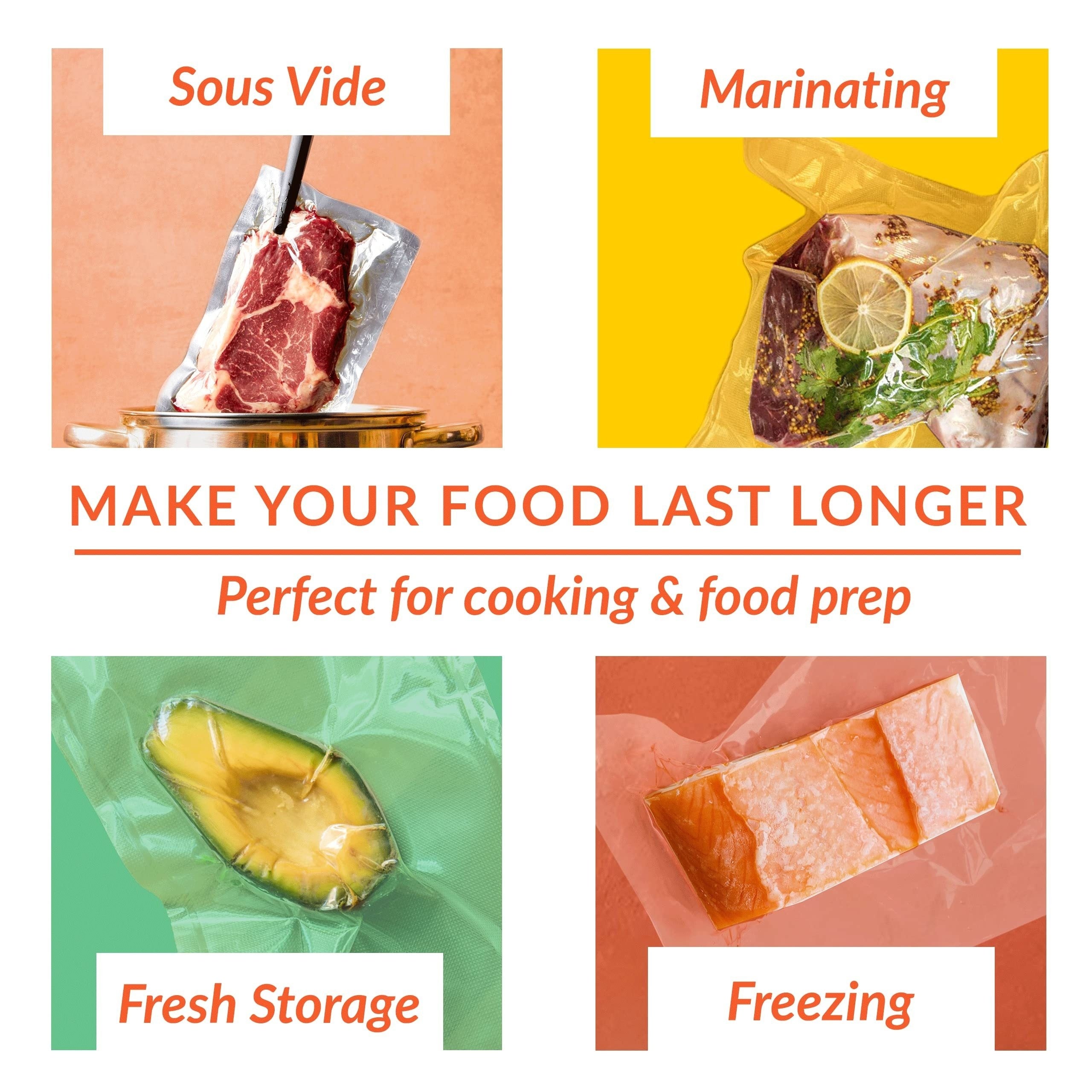 Oziq-ovqat saqlash uchun turli o'lchamdagi beshta vakuumli sumka. Ushbu sumkalar bisfenol A dan xoli va oziq-ovqatni saqlash va qadoqlash uchun ideal bo'lgan yetti qatlamli ko-extruded olmos naqshli vakuum filmi bilan tayyorlangan.