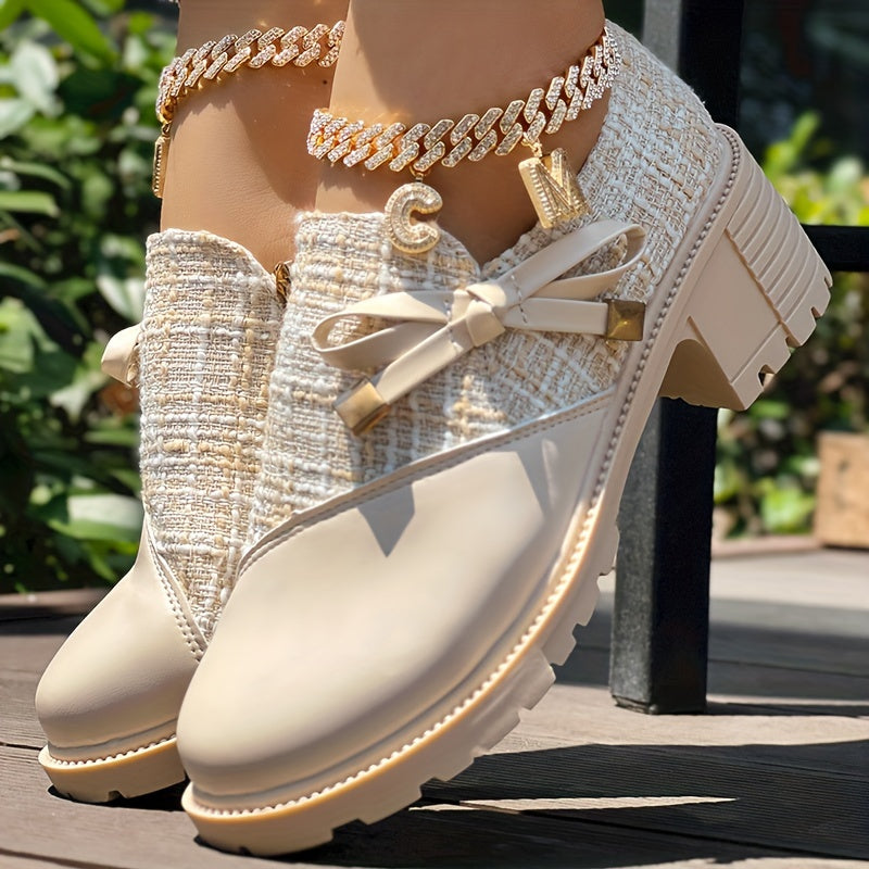 Women's Colorblock Dress Shoes with Bowknot Zipper Chunky Heel