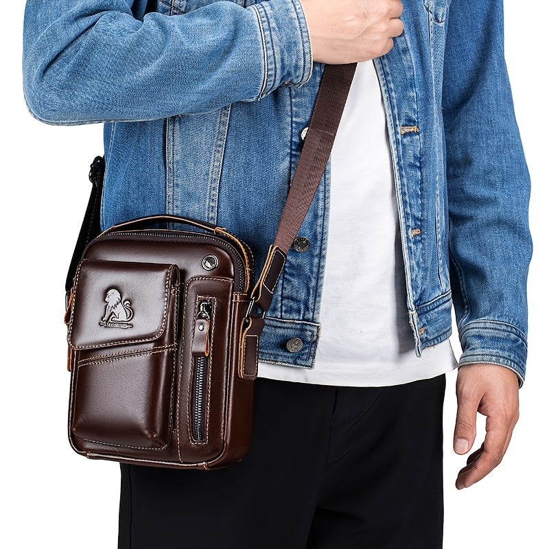 Men's Genuine Leather Crossbody Bag with Multi-Compartment Zipper Dark Brown